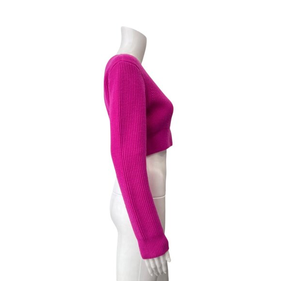 Alexander Wang Neon Pink Knit Ribbed Cropped Wool Cardigan Sweater Small - Picture 4 of 8